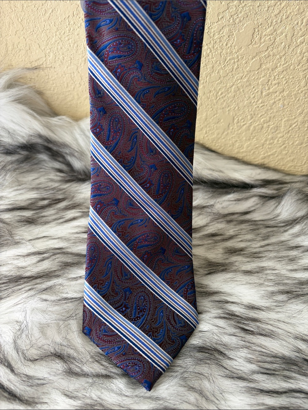 Men's Burgundy Paisley Tie with Blue Diagonal Stripes